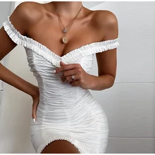 Новинка, летнее платье, сексуальное, с открытыми плечами, с рюшами, облегающее платье, белое, женское, на день рождения, платье, элегантное, шикарный халат с оборками, Femme