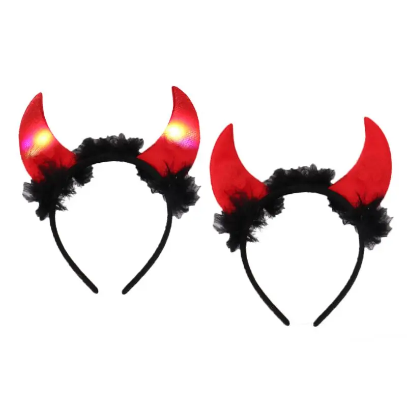 Halloween LED Light Devil Ox Horn Headband Fluffy Feather Plush Cosplay Hair Hoop Festival Party Props Funny Headpiece |