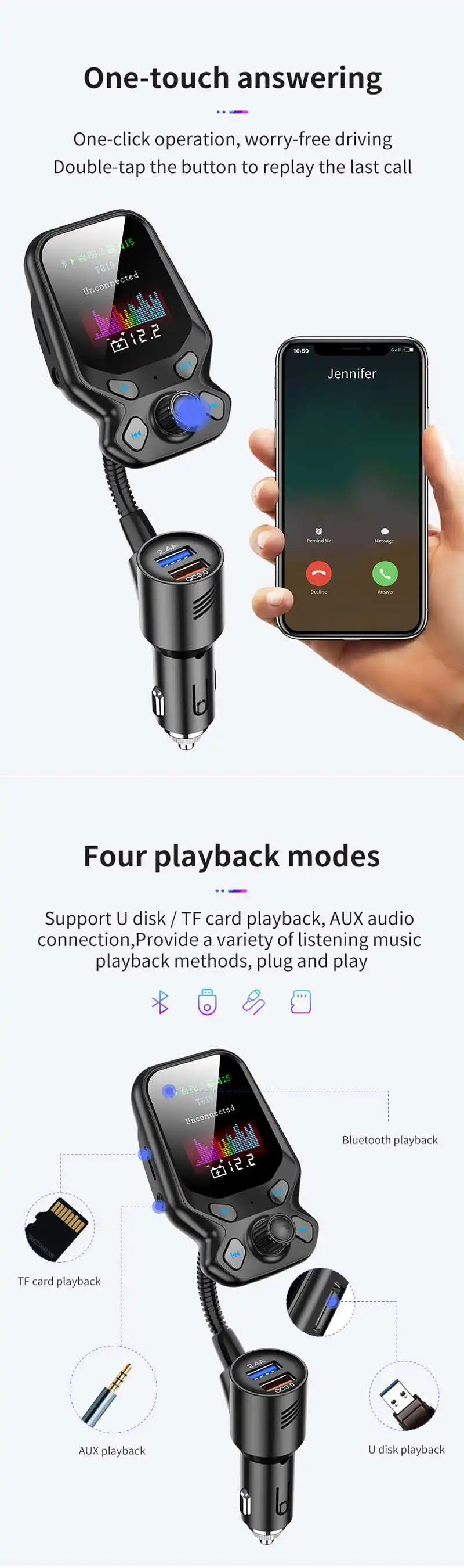 Быстрое Автомобильное зарядное устройство bluetooth 5,0 автомобильное аудио AUX MP3 плеер Смарт двойной USB расширение беспроводной с HD красочный экран T819