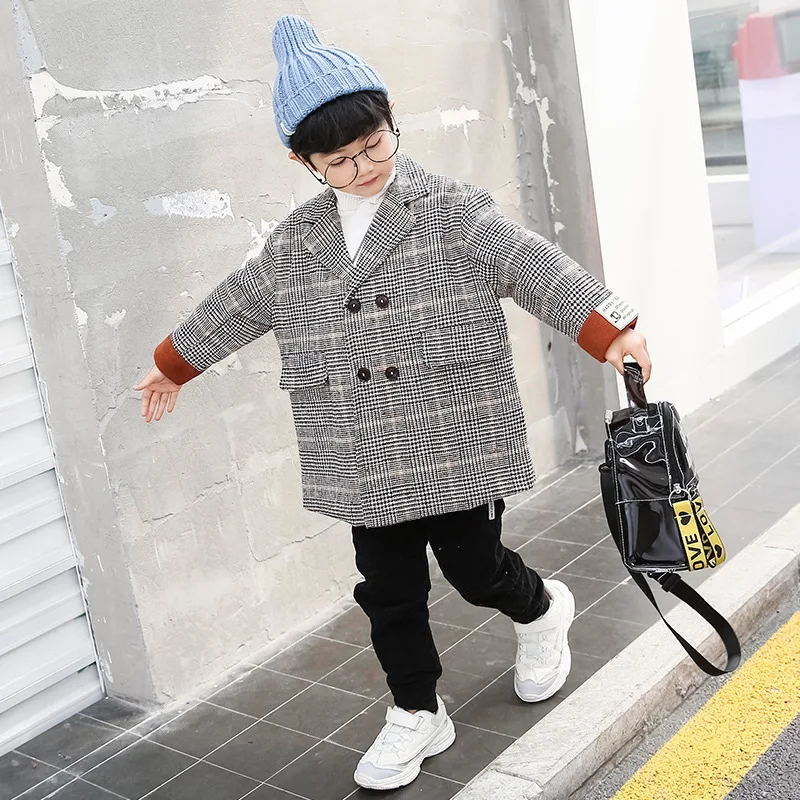 Зимние куртки для мальчиков однотонный шерстяной двубортный плащ маленьких