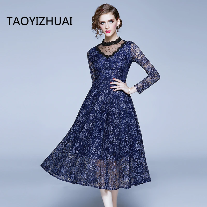 TAOYIZHUAI/весеннее длинное кружевное платье в уличном стиле с вырезами и круглым вырезом, с завышенной талией, с длинными рукавами, до середины икры, модные платья