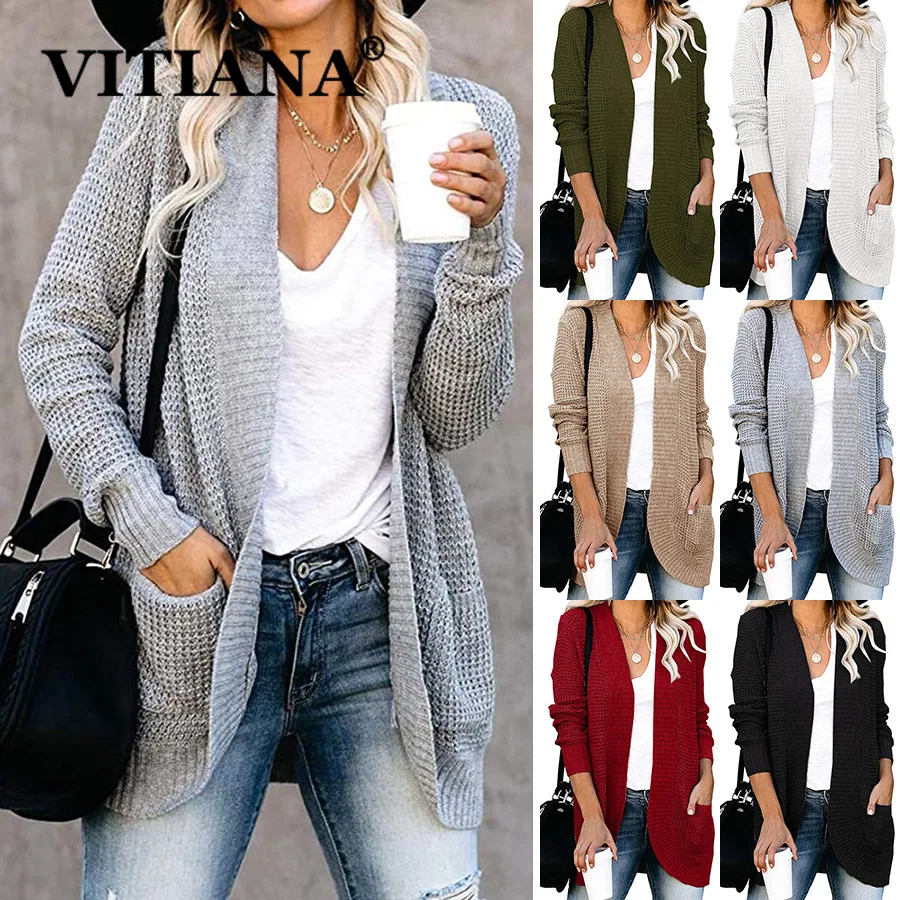

VITIANA Women Casual Knitted Long Cardigan For Womens Autumn 2020 Female Long Sleeve Gray Knit Cardigans Woman Black Sweater
