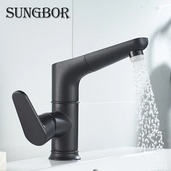 

Black pull out basin sink telescopic faucet single lever hot and cold water deck mounted brass bathroom mixers single hole