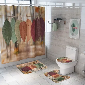 

Home bathroom shower curtain plant printing beautiful decoration Leaves Print Toilet Bathroom Mat Shower Curtain Four-Piece Set