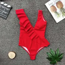 Сдельный Купальник красный женский гофрированное с v-образным вырезом гофрированное платье Монокини пляжный купальный костюм для девочек плавательный костюм