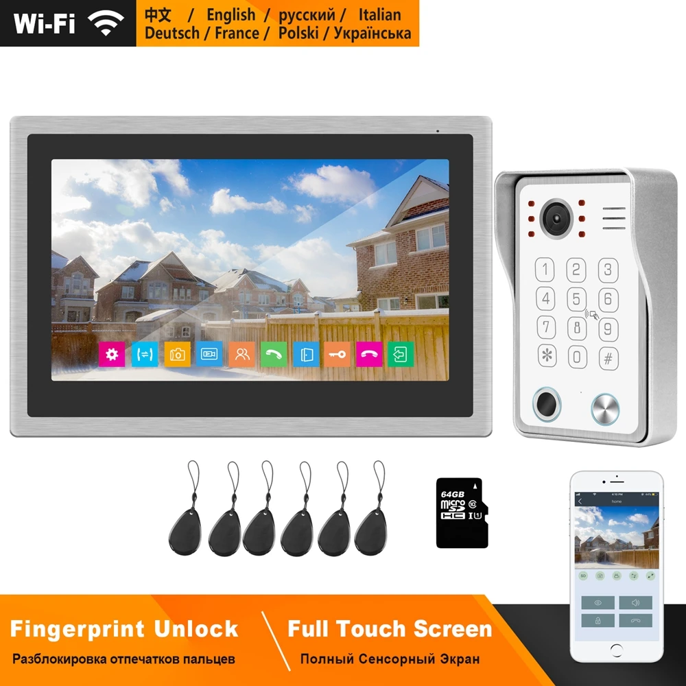 HomeFong Wireless Video Intercom for Home IP Video Doorbell Fingerprint Unlock  HD 10 inch Touch Screen Wifi Intercom System Kit intercom doorbell