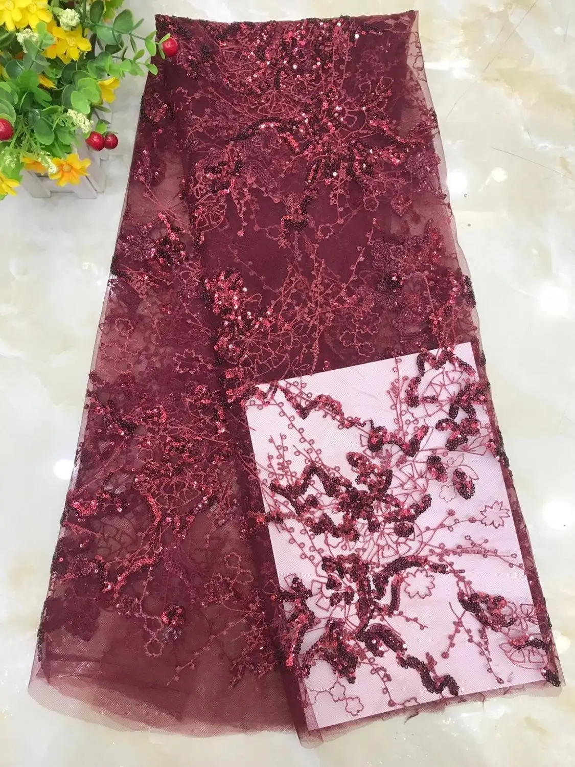 

Swiss lace fabric 5 yards embroidery sequin lace fabric for banquet party performance DX-s254