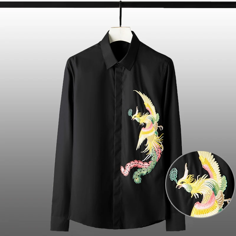 

Solid Color Luxury 3d Embroidery Long Sleeve Mens Dress Plus Size 4xl Slim Fit Party Male Shirts