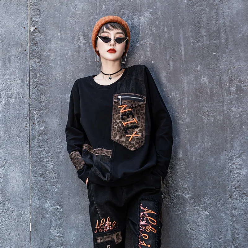 Max LuLu, новинка, корейская мода, зимние женские джинсовые топы, футболки, женские, леопардовая вышивка, длинный рукав, футболки, повседневная Уличная одежда