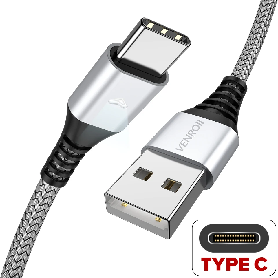 Venroii Cable USB Type C for Samsung Galaxy S10 S9 S8 Plus Fast Charging Type-C Cable for Xiaomi Mi 8 9 Oneplus 6 Android Phone - Цвет: Silver Straight