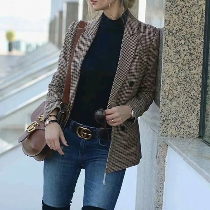 Goede Vintage Toevallige Plaid Blazer Vrouwen Mode Double Breasted Kantoor Dames Jas Jas Vrouwelijke Notched Kraag Lange Mouwen Suits