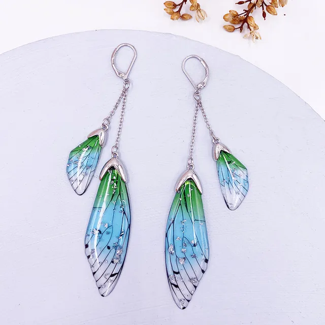 Fairy Resin Butterfly Earrings for Women Shining Crystal Flake Double Wing Long Drop Earrings Ladies Wedding Party Jewelry 2020 SF-Green