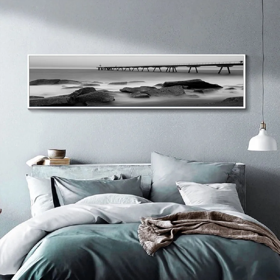 Black and White Long Bridge Stone Seascape Canvas Prints Posters Wall Art Landscape Canvas Paintings for Living Room Home Decor