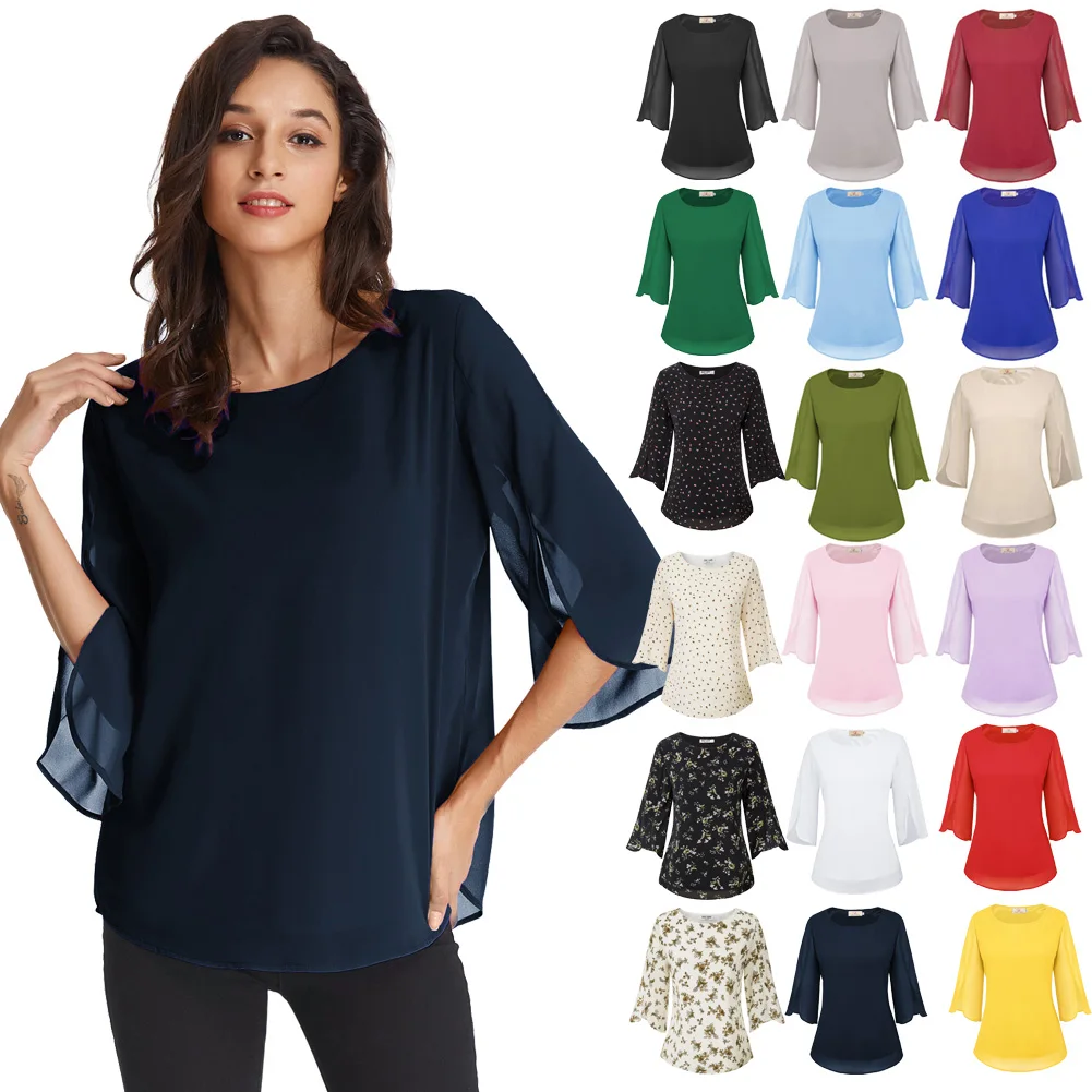 GK Women's Summer Casual Loose 3/4 Sleeve Crew Neck Split Sleeves Casual Chiffon Blouse Tops Half Ruffle Sleeve Tops A30