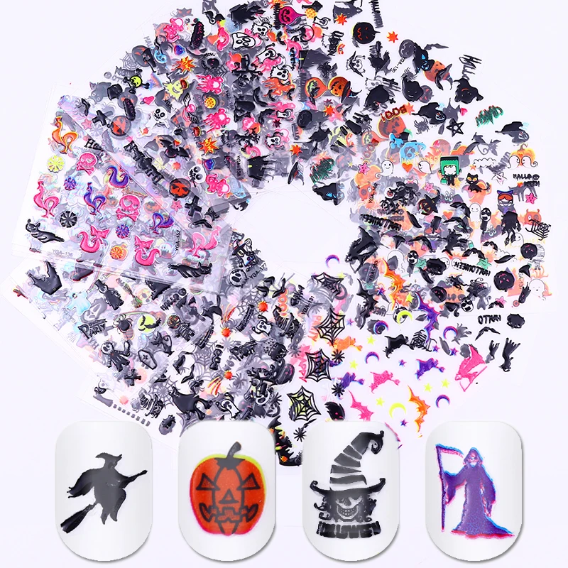 

24Pcs Halloween Nail Designs Transfer Stickers Pumpkin Cat Witch Skull Slide Sticker Polish Decal Adhesive Nail Art Foil Set
