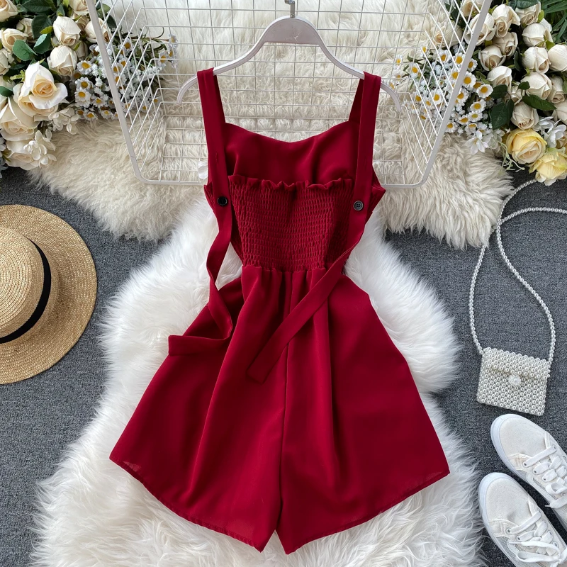 

Women Summer Ruch Jumpsuits Holiday Boho Cami Rompers Wide Leg Short Pants Overalls Beach Solid Chiffon Strap Playsuits G1374