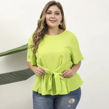 

Mostnica Neon Green Plus Size Short Sleeve Summer Tshirt Women Self Belted Peplum Loose Casual T Shirt Tops for Woman Clothes