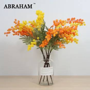 

42cm Fake Orange Mimosa Plants Branch Artificial Palm Plastic Autumn Plants Leaves Acacia Plant for Home Halloween Decoration