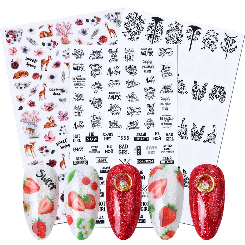 

1pcs Colorful 3D Nail Sticker Letters Fruit Art DIY Decorations Adhesive Flamingo Cat Wraps Paper Nail Design Tools LYF554-563