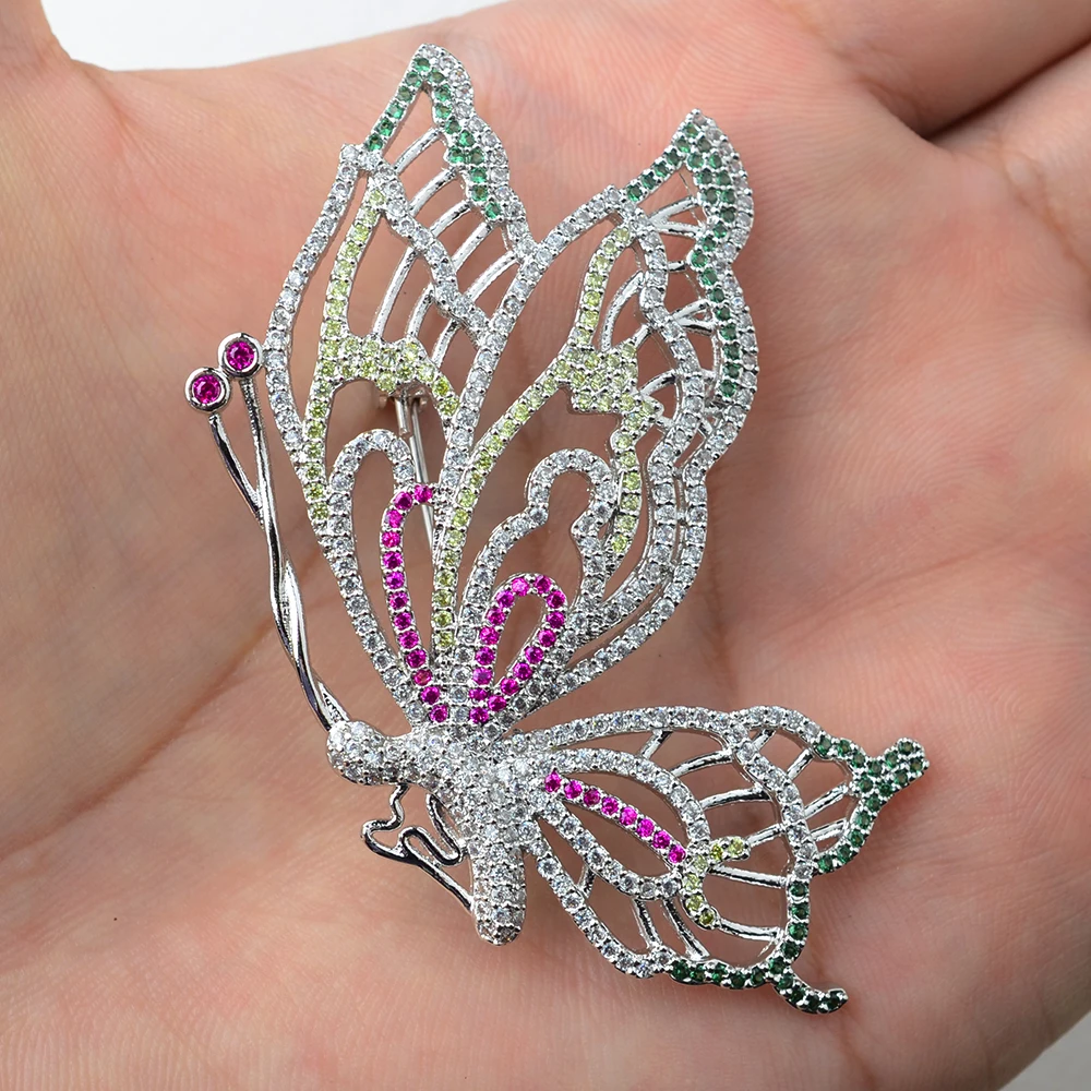 65X41mm Women's High Quality Silver /Gold plated Paved CZ Butterfly Brooch