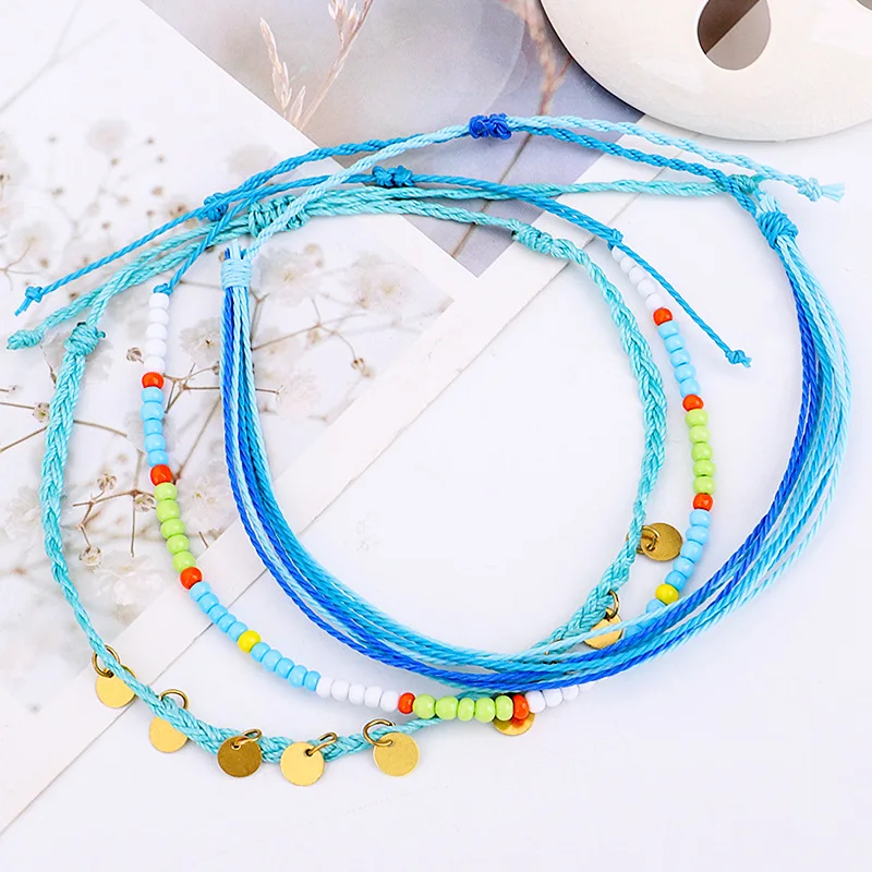 3 шт./компл. Miss JQ Boho женские браслеты для щиколотки синяя Смешанная цепочка с бисером на лодыжку модная мини металлическая круглая подвеска Плайя аксессуары