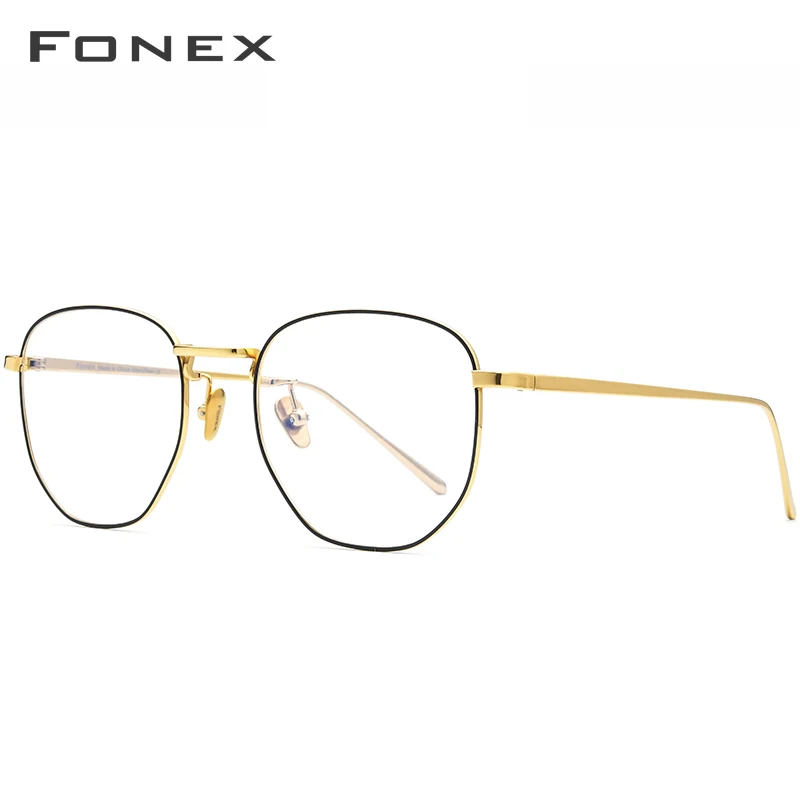 FONEX Pure Titanium Glasses Frame Men Myopia Optical Prescription Oversize Eyeglasses Frame Women New Gold Polygon Eyewear 8518 - Цвет оправы: Black Gold