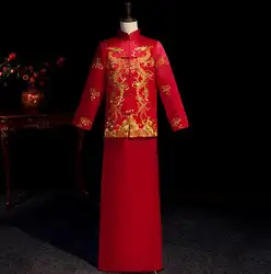 Красный Жених Винтаж Свободный чеонгам традиционное китайское свадебное платье атласное Qipao Вышивка костюм дракона Vestido восточные мужские