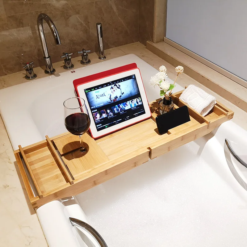 Extendable Bathroom Shelf Bathtub Vanity Tray Bathtub Shower Caddy Storage Bamboo Cabinet Sink Rack Towel Wine Book Holder