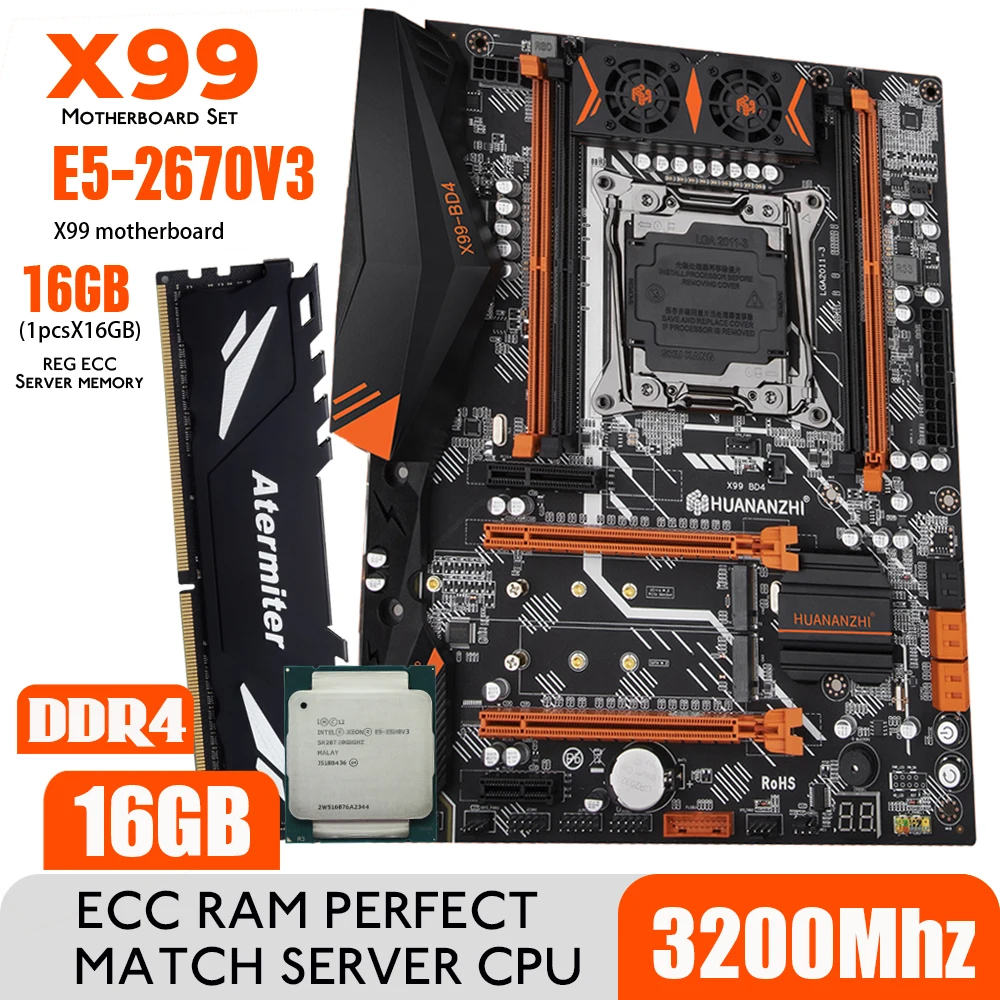 best motherboard for office pc HUANANZHI X99 BD4 Motherboard Combo Kit Set 2011-3 XEON E5 2670 V3 1*16GB= 16GB 3200MHz DDR4 RAM REG ECC Memory NVME USB3.0 ATX latest motherboard for pc