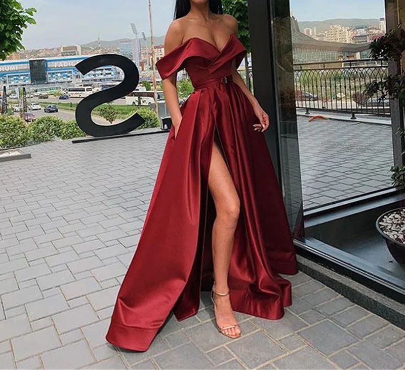 Royal Blue Long Prom Dresses High Split Off Shoulder Lace Up Satin Cheap Evening Dress Formal Gowns Vestidos De Festa