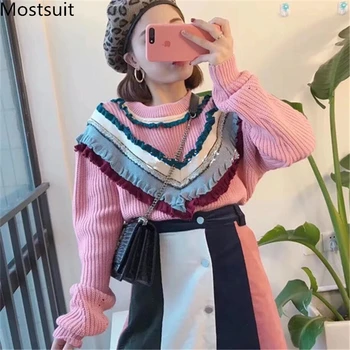 

Stringy Selvedge Korean Knitted Sweaters Pullovers Women Long Sleeve O-neck Oversized Loose Fashion Sweaters Tops Women Clothes