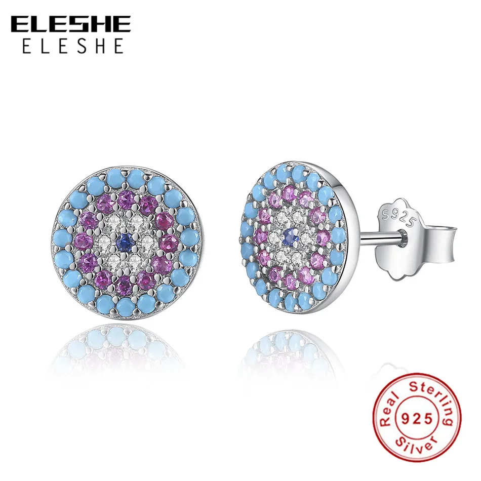 Серьги ELESHE Lucky Eye, голубой Турецкий Дурной глаз, 925 пробы, серебряные серьги для женщин, циркониевые Кристальные серьги-гвоздики, хорошее ювелирное изделие