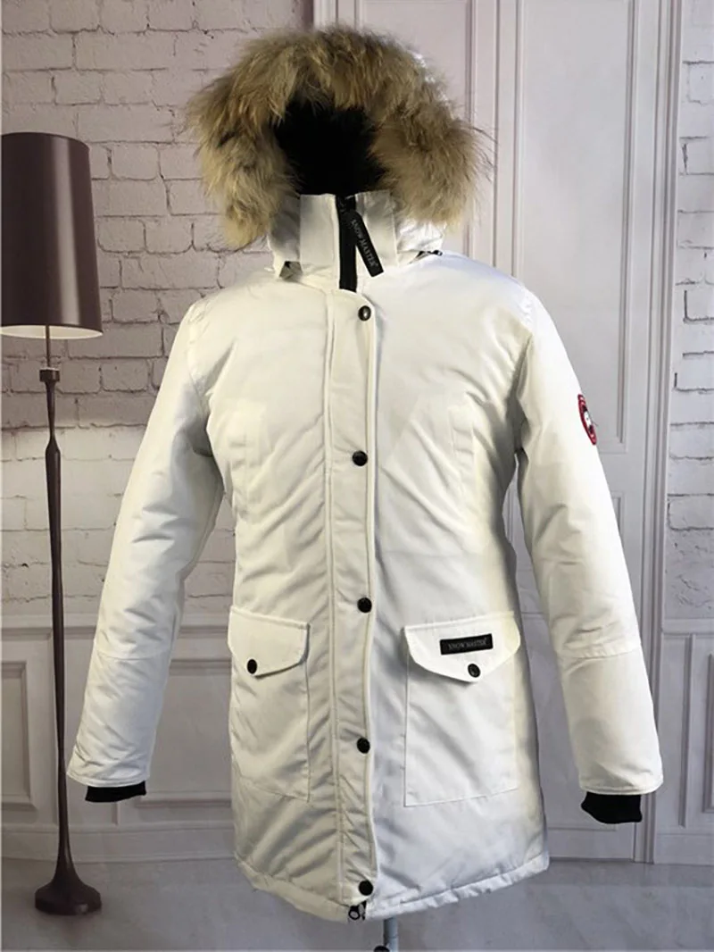 Женская зимняя утепленная куртка средней длины с капюшоном, белая гусиная утепленная куртка, натуральный мех Куницы, воротник - Цвет: Белый