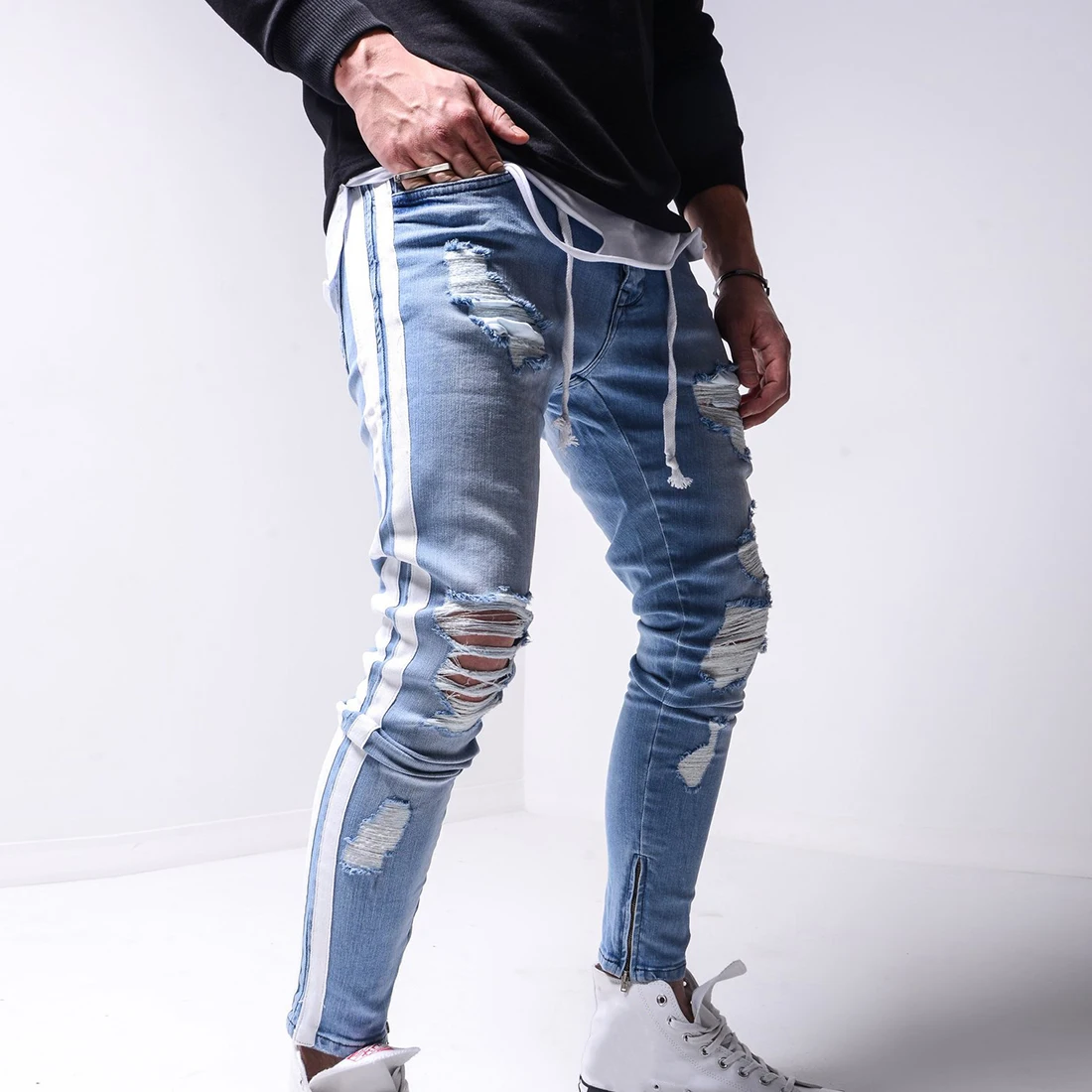 

Men Stretchy Ripped Jeans Pencil Jean Pants Skinny Biker Side Striped Jeans Slim Fit Destroyed Hole Denim Scratched High Quality