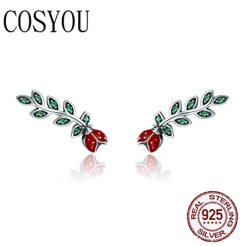

COSYOU Genuine 100% 925 Sterling Silver Insect Red Ladybug in Tree Leaves Drop Earrings for Women Fine Earrings Jewelry SCE314