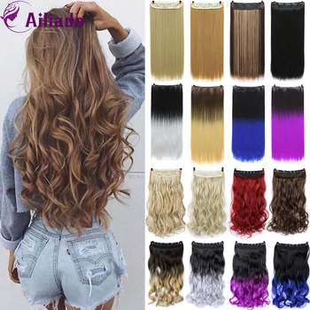 

AILIADE 24Inch Long Wavy Synthetic Hair Extensions Clips in Hair High Tempreture Ombre Black Brown Blonde Straight Hairpiece