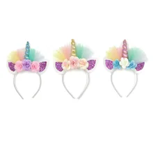 Стиль, европейский и американский стиль, Детские аксессуары для волос, головной убор с единорогом, резинки для волос с кошачьими ушками, цветная марля, мерцающая пудра