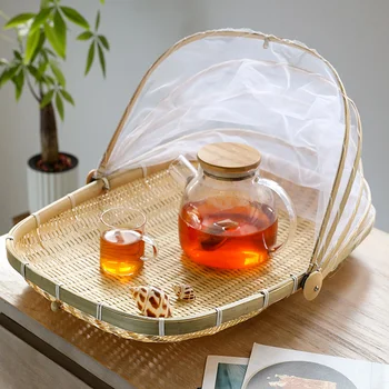 

Creative Handmade Bamboo Wicker Basket With Gauze Bug Proof Dustproof Food Fruit Vegetable Bread Basket Cover Bakery For Kitchen