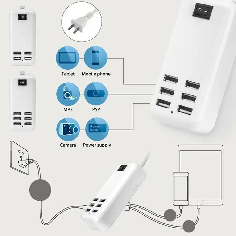 

USB HUB 6 Ports Splitter With Switcher Power Adapter Extension Charging US Socket AC EU Wall Desktop 5V Outlet Plug R7W9