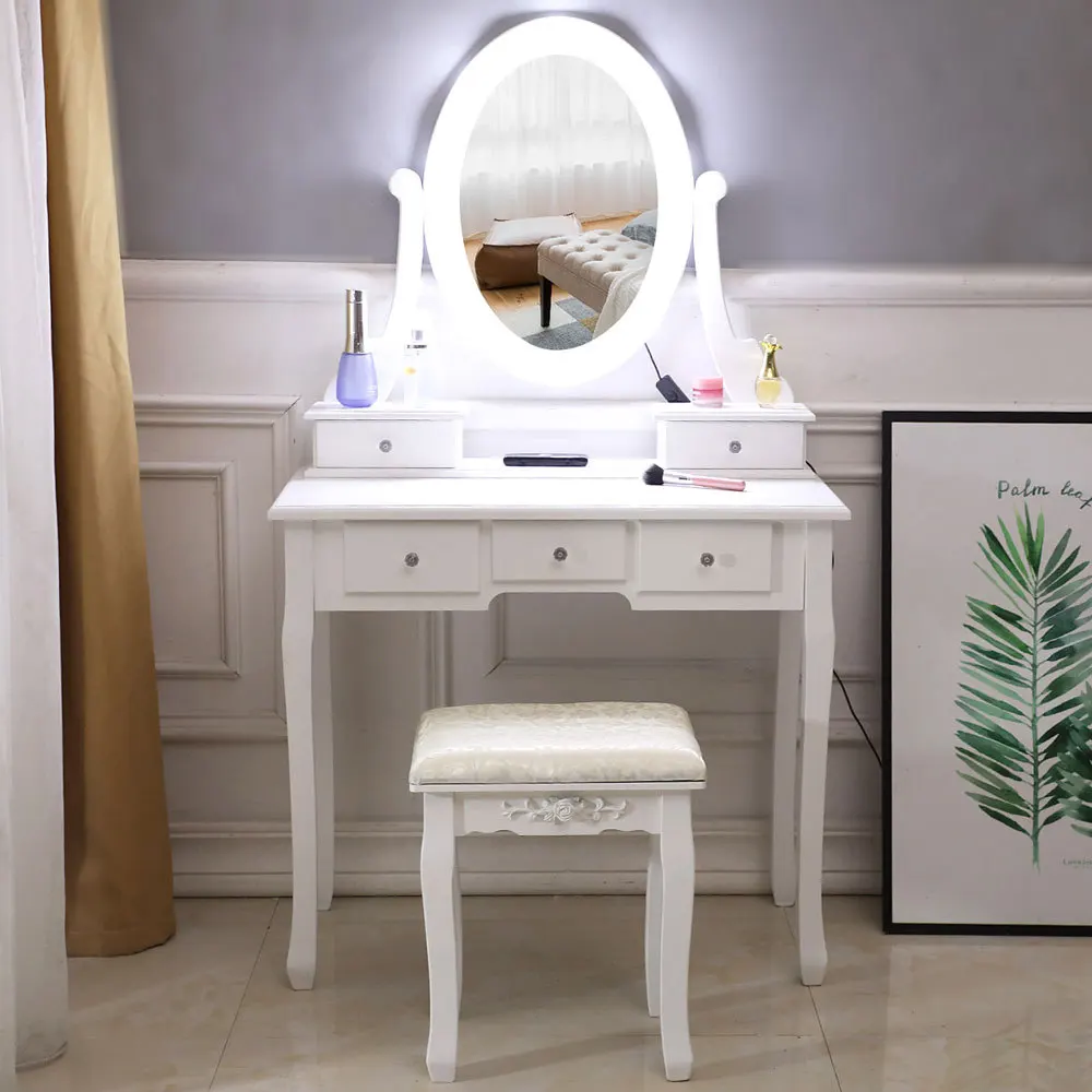 

White Makeup Dressing Table With 5 Drawer Mirror and Energy saving Light Bul Home Wedding Decor bedroom Mirror Dresser with Stoo