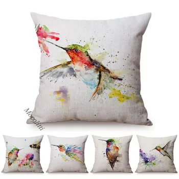 

Bird Pattern Cushion Cover Water Color Splatter Art Home Decoration Sofa Pillow Cover Parrot Bee Cotton Linen Pillowcase Cojines
