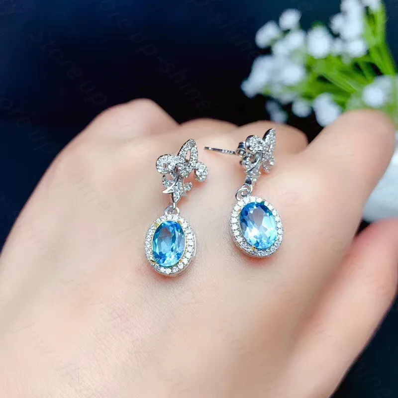 

New natural blue topaz earrings, 925 silver women's earrings, luxurious and elegant design highlights feminine charm