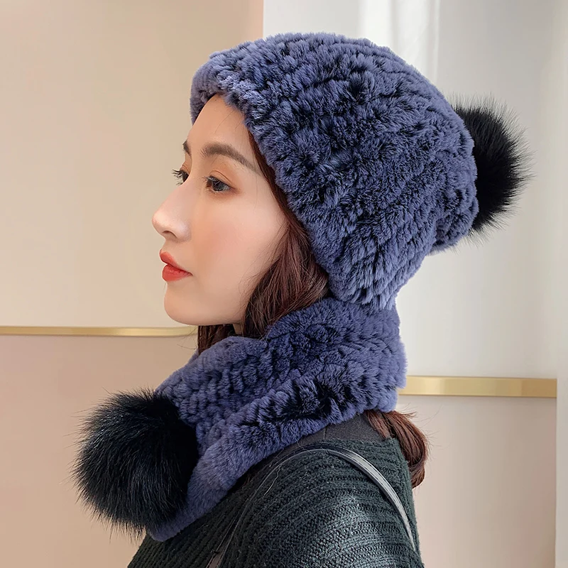 Lantafe Hat And Scarf Fur Hat Kit Hat Scarf Rex Rabbit Fur Winter Accessories Warm Woven Hat Knit Cap With Fox Fur Ball