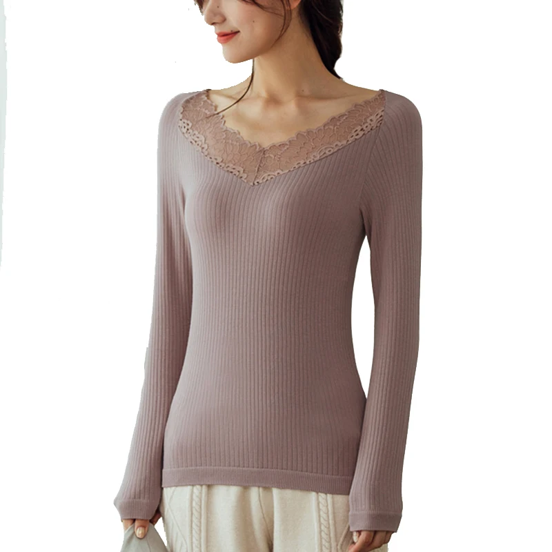 

Womens Thermal Underwear Top Deep V Neck Long Sleeves Lace Sheer Seamless Thermal Underwear Shaper Black Brown