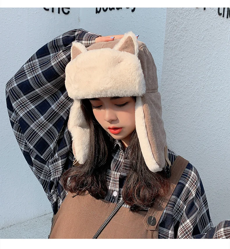 white camo bomber hat Cat Ears Bomber Hat Female Adult Korean Lovely Autumn Girl Winter Riding Windproof Baby Coldproof Cotton Children Lei Feng Hat best men's bomber hats