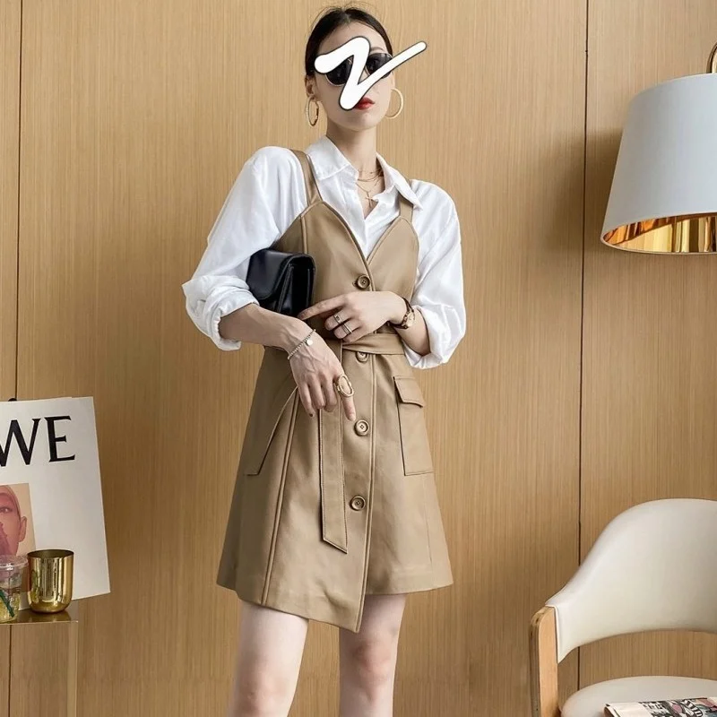 

Office Autumn Lady Sheepskin Sling A-Line Dress Single-Breasted Sashes Slim Fit Women Real Leather Asymmetric Mid-Length Dress