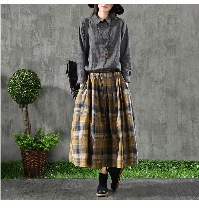 Vintage Cotton Linen Shirts Women's Blouses Plaid Cloths Spring Lapel Collar Long Sleeve Button Casual Shirts AA166S30