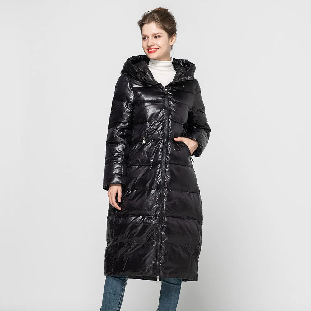 Новое поступление, Женское зимнее пальто, настоящее белое пуховое пальто, модная длинная верхняя одежда, женские плотные пальто с капюшоном S7622 - Цвет: Black