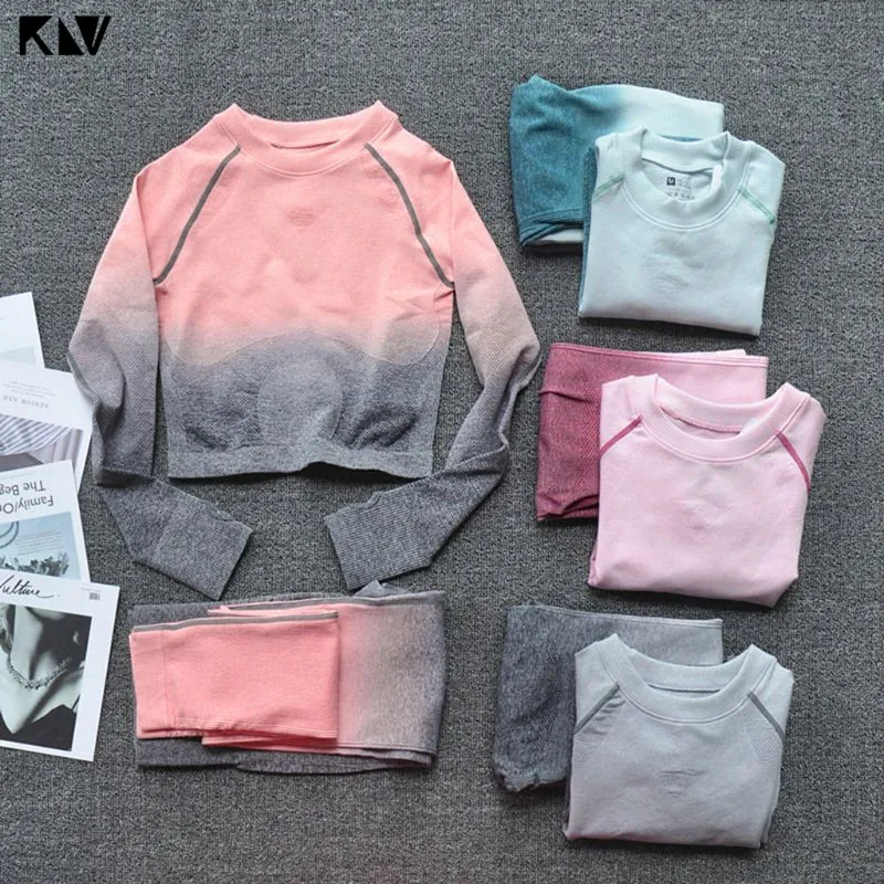 KLV Женский комплект из двух частей Фитнес Леггинсы Ombre бесшовный укороченный топы
