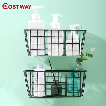 

COSTWAY Iron Kitchen Desktop Storage Basket Rack Bathroom Black White Rectangular Storage Holders Wall Mounted Type Rack W0578